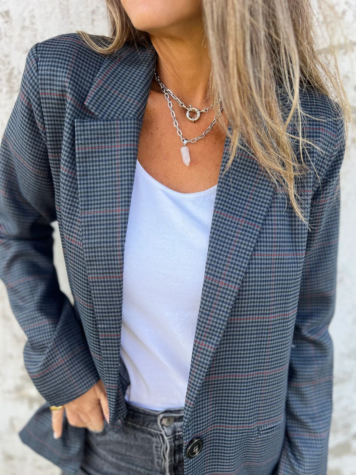 Houndstooth Single Button Pocket Blazer