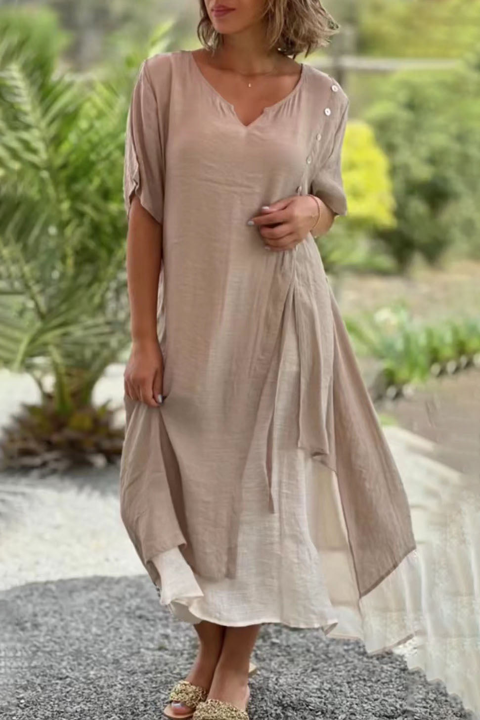 V-neck Short Sleeve Asymmetrical Two-piece Look Dress