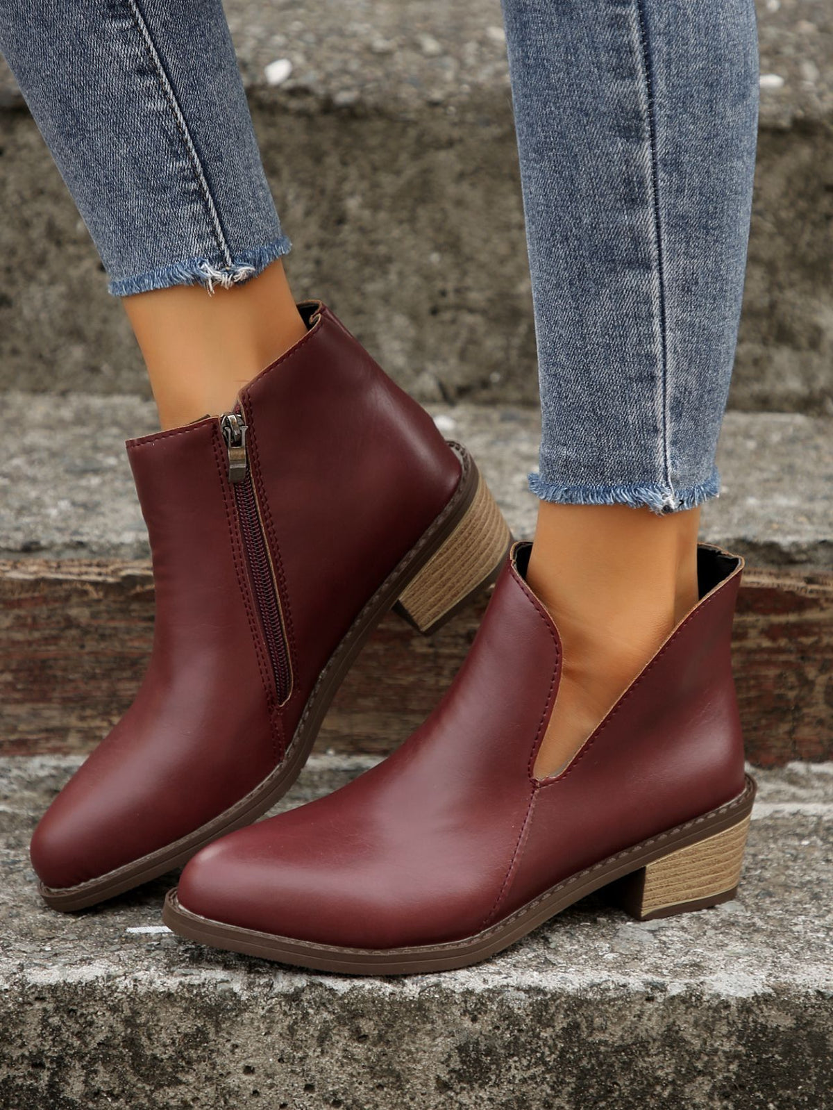 Asymmetric design zipper low thick heel chelsea boots