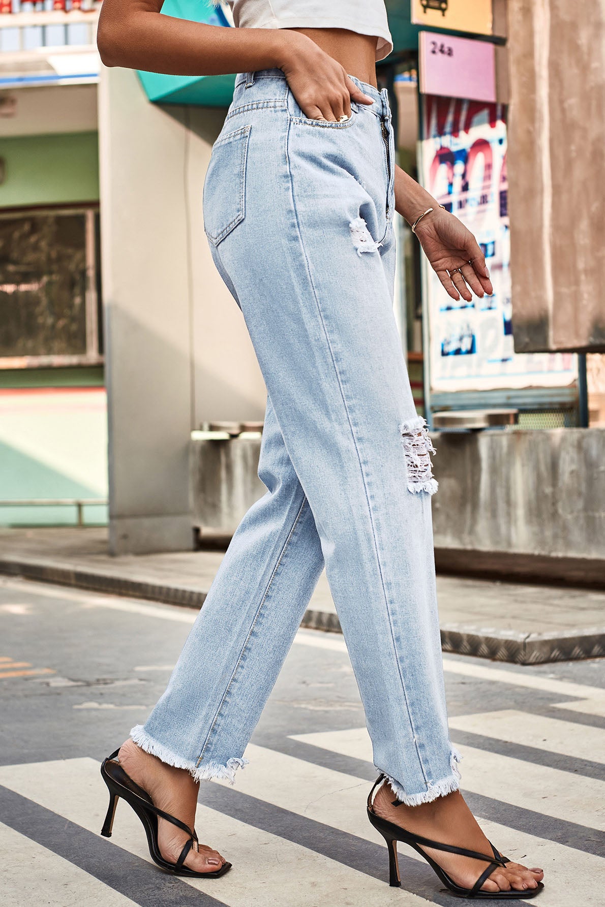 Distressed ripped knees straight jeans