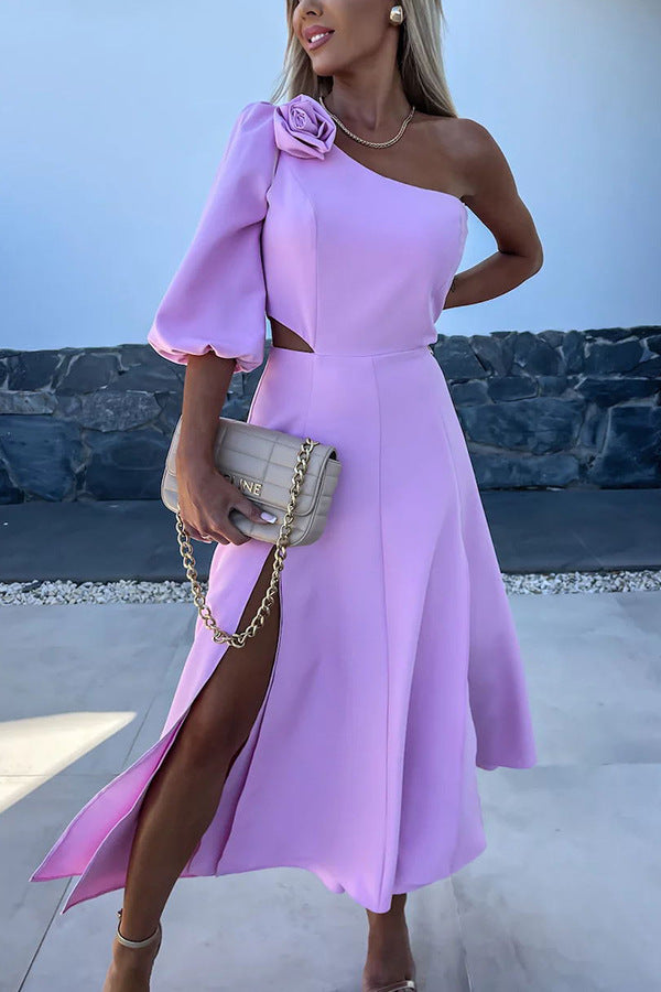 One-Shoulder Mid-Sleeve Split Satin Dress