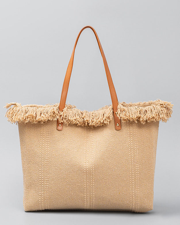 Bolso tote chic de lona con bordes con flecos