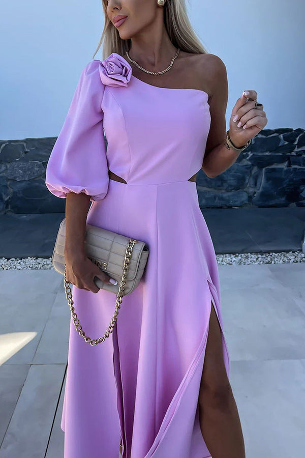 One-Shoulder Mid-Sleeve Split Satin Dress