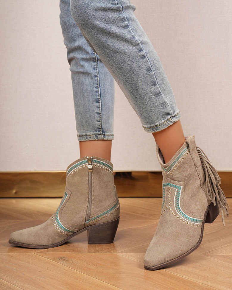 Suede Mid Heel Ankle Tassel Rider Boots