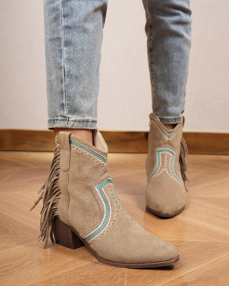 Suede Mid Heel Ankle Tassel Rider Boots