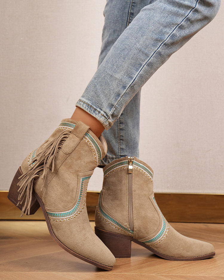 Suede Mid Heel Ankle Tassel Rider Boots