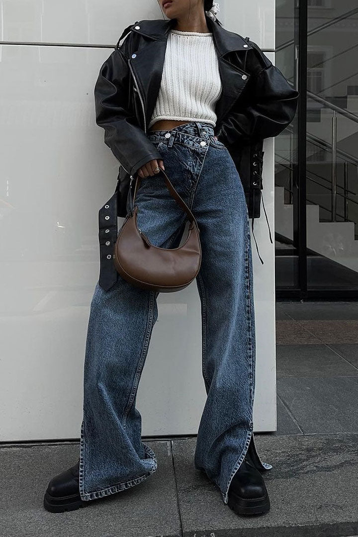 Asymmetric High-waisted Split Straight-leg Jeans