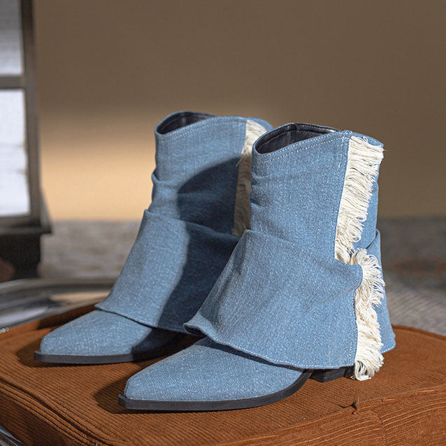 Denim pleated fringed western boots