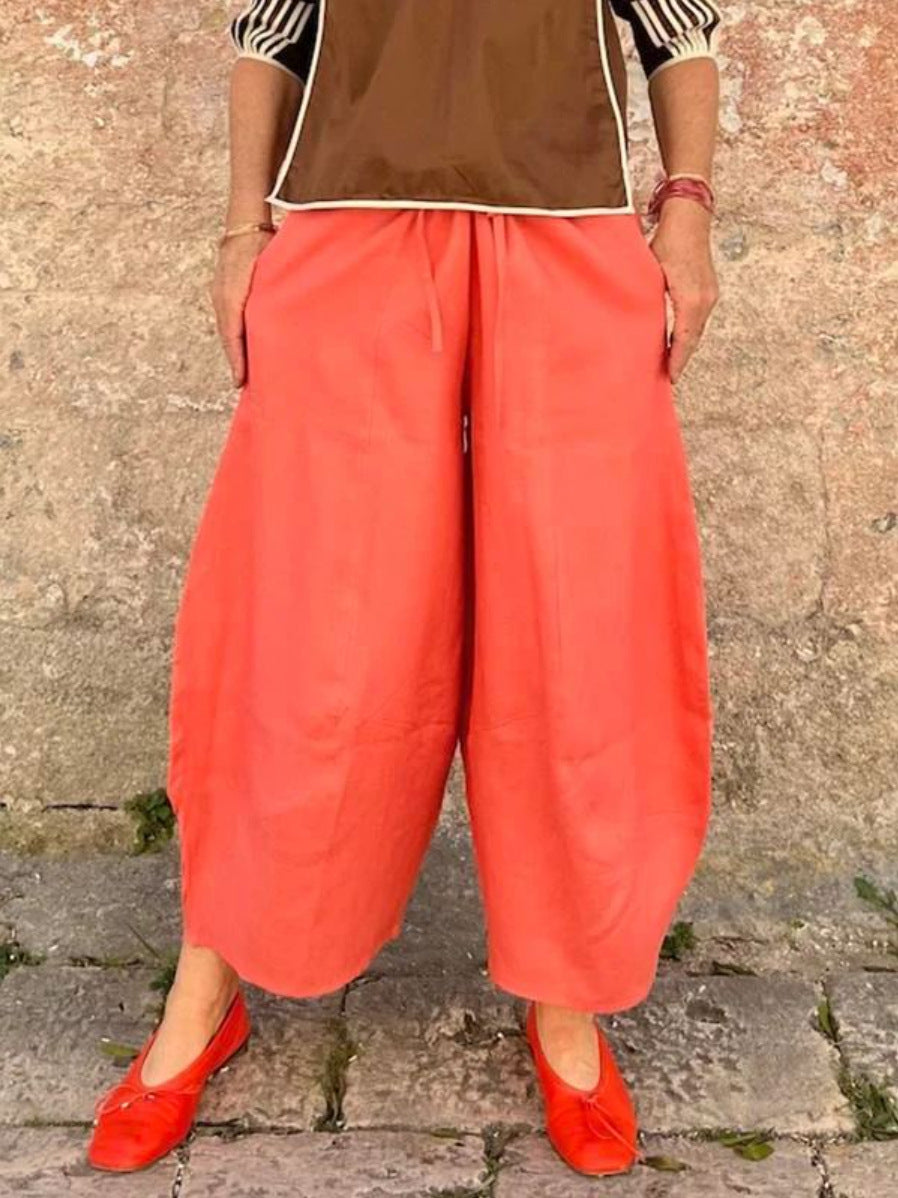 Linen solid color loose wide leg Cropped Pants