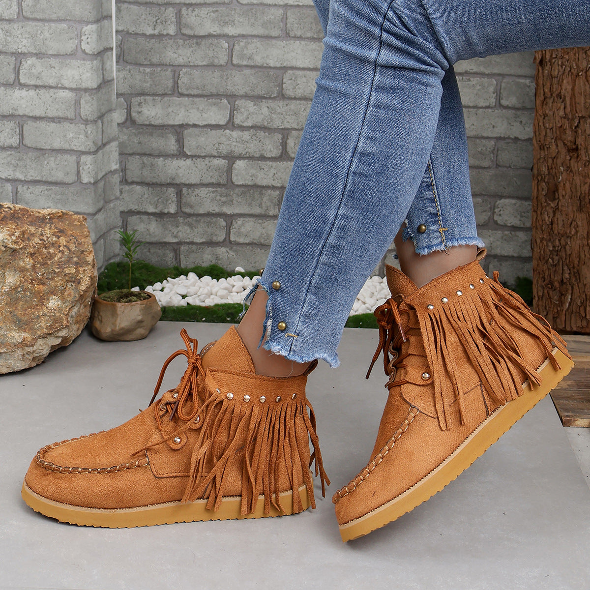 Suede fringed lace-up flat Chelsea boots