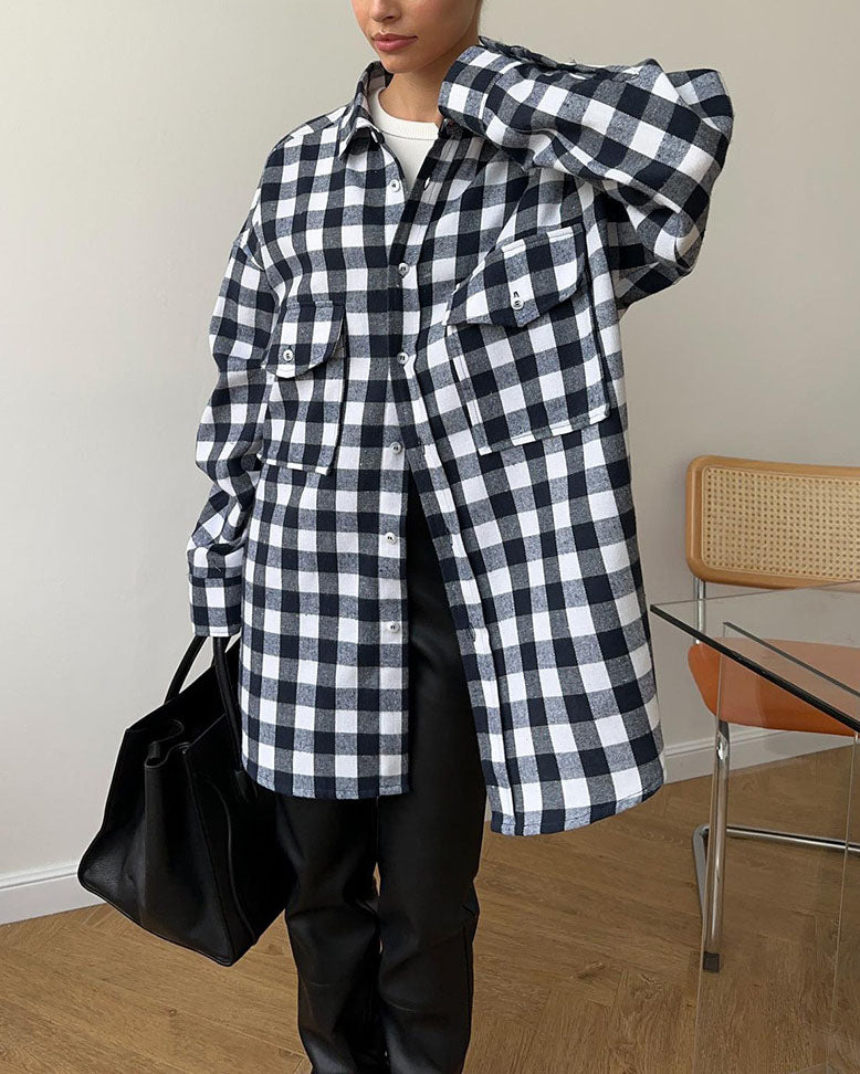 Dual Pocket and Check Stripes Vintage Mid-Length Shirt