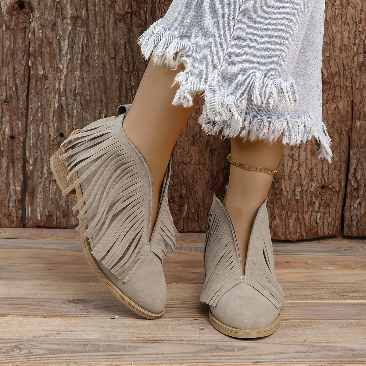 Fringed suede pointy toe retro leather boots