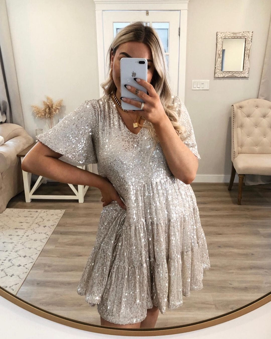 Sequin Round Neck Loose Waist Dress