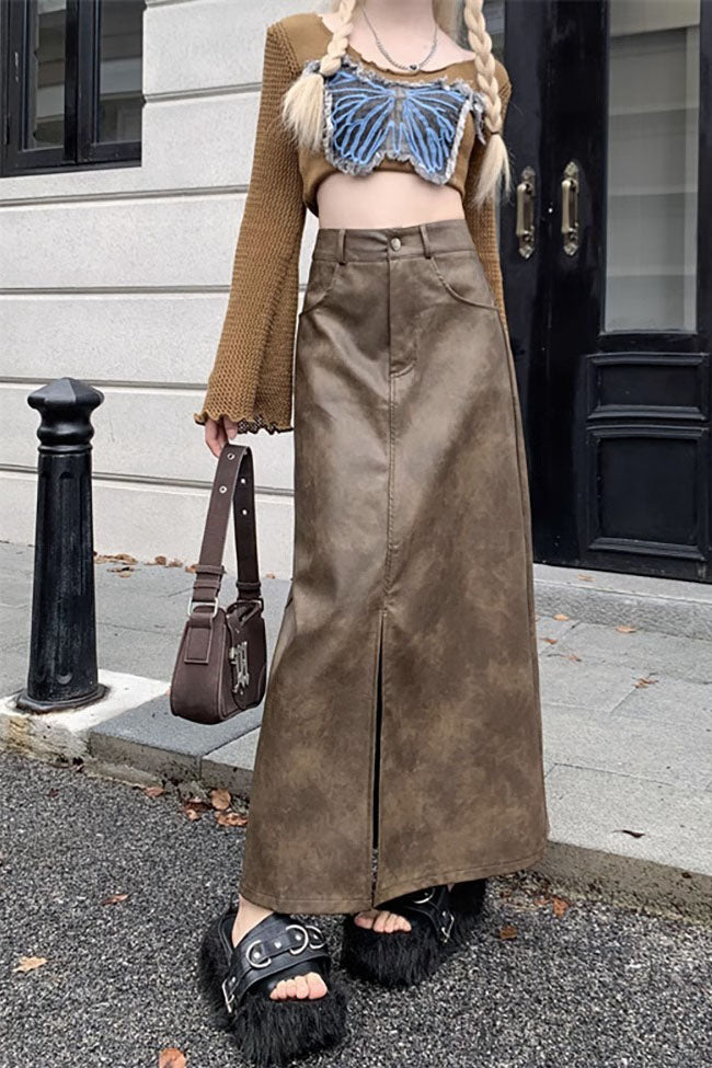 Slit PU high waist half retro long skirt