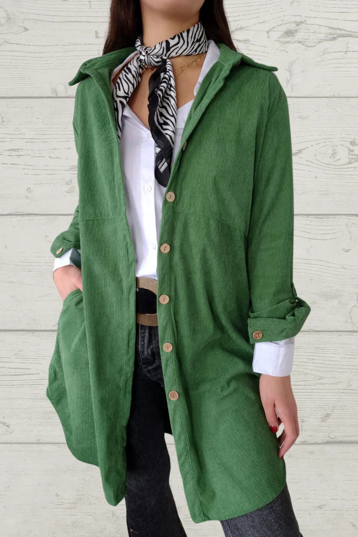 Corduroy solid color lapel pocket mid-length coat