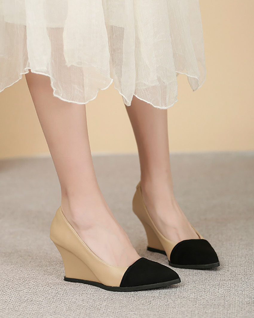 Khaki Colorblock Pointed Toe Wedge Heels