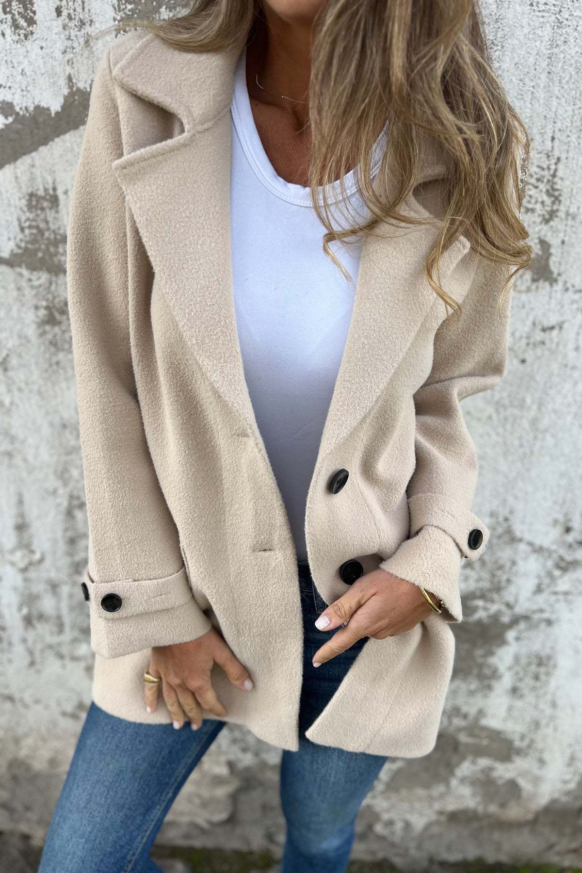 Woolen loose lapel fake pocket cardigan coat