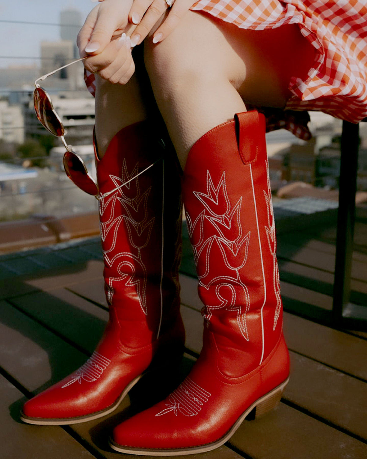 Red Tulip Embroidered Pointed Toe Block Heel Boots