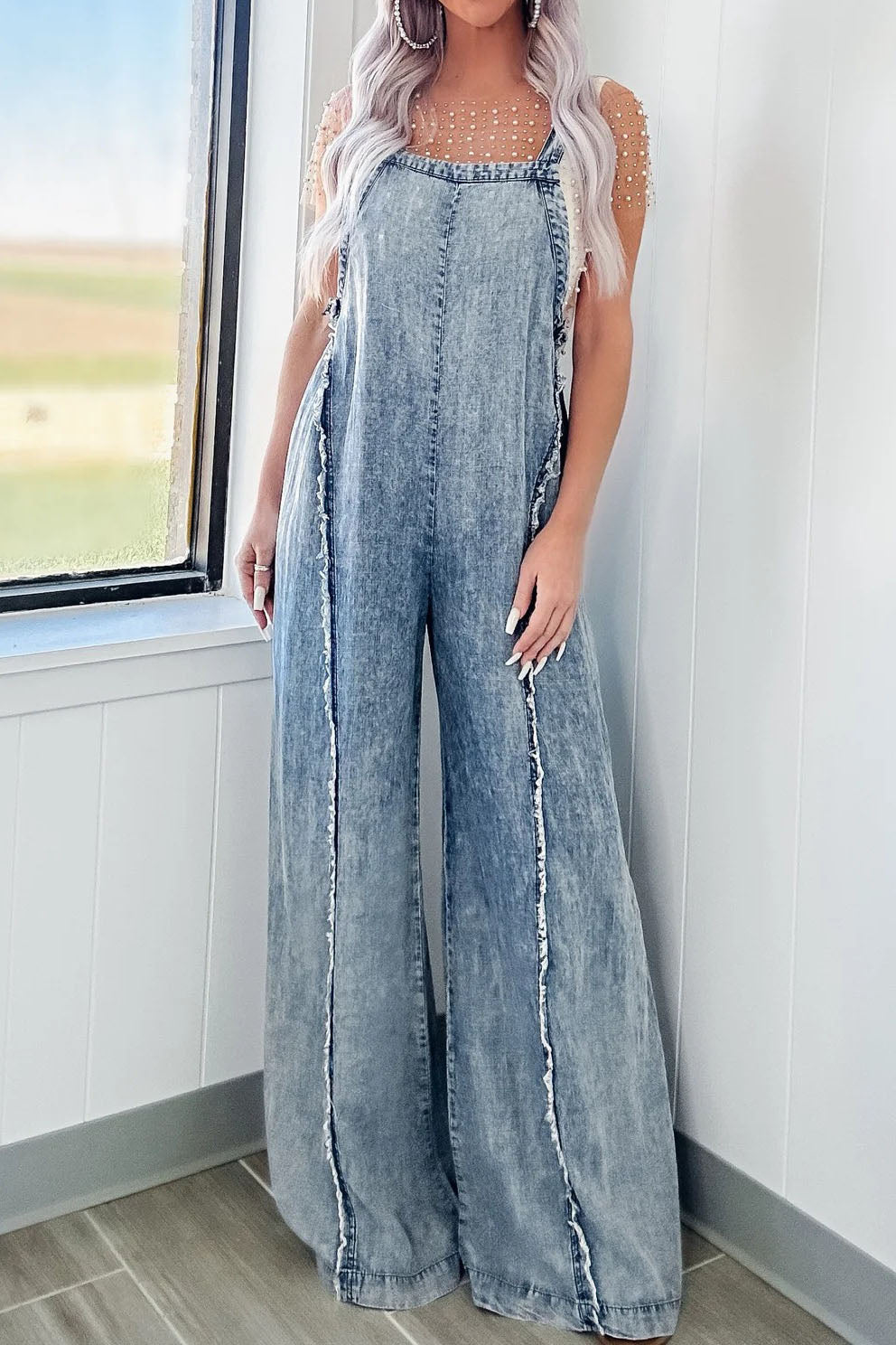 Vintage Washed Frayed Edge Wide-Leg Denim Overalls