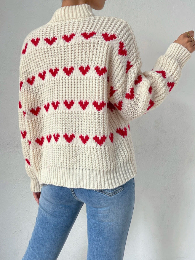 Pull en tricot jacquard Love Heart, coupe ample, col mi-haut