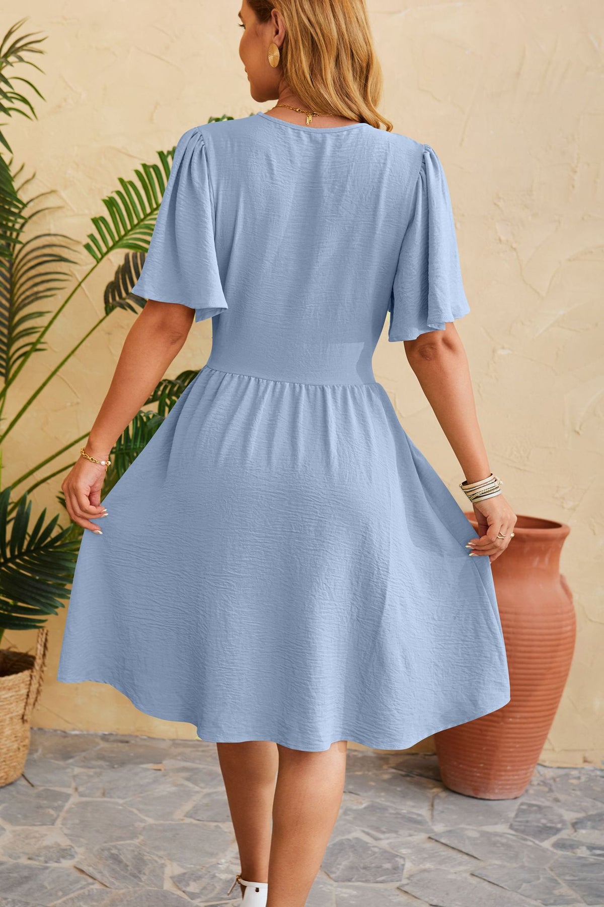 V Neck Cinched Waist Bell Sleeve Dress