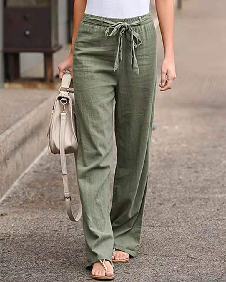 Pantalon ample à jambes larges en coton et lin avec ceinture nouée