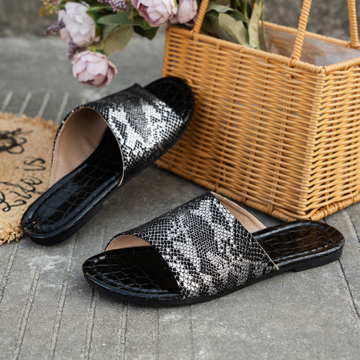 Sequined python flat slippers