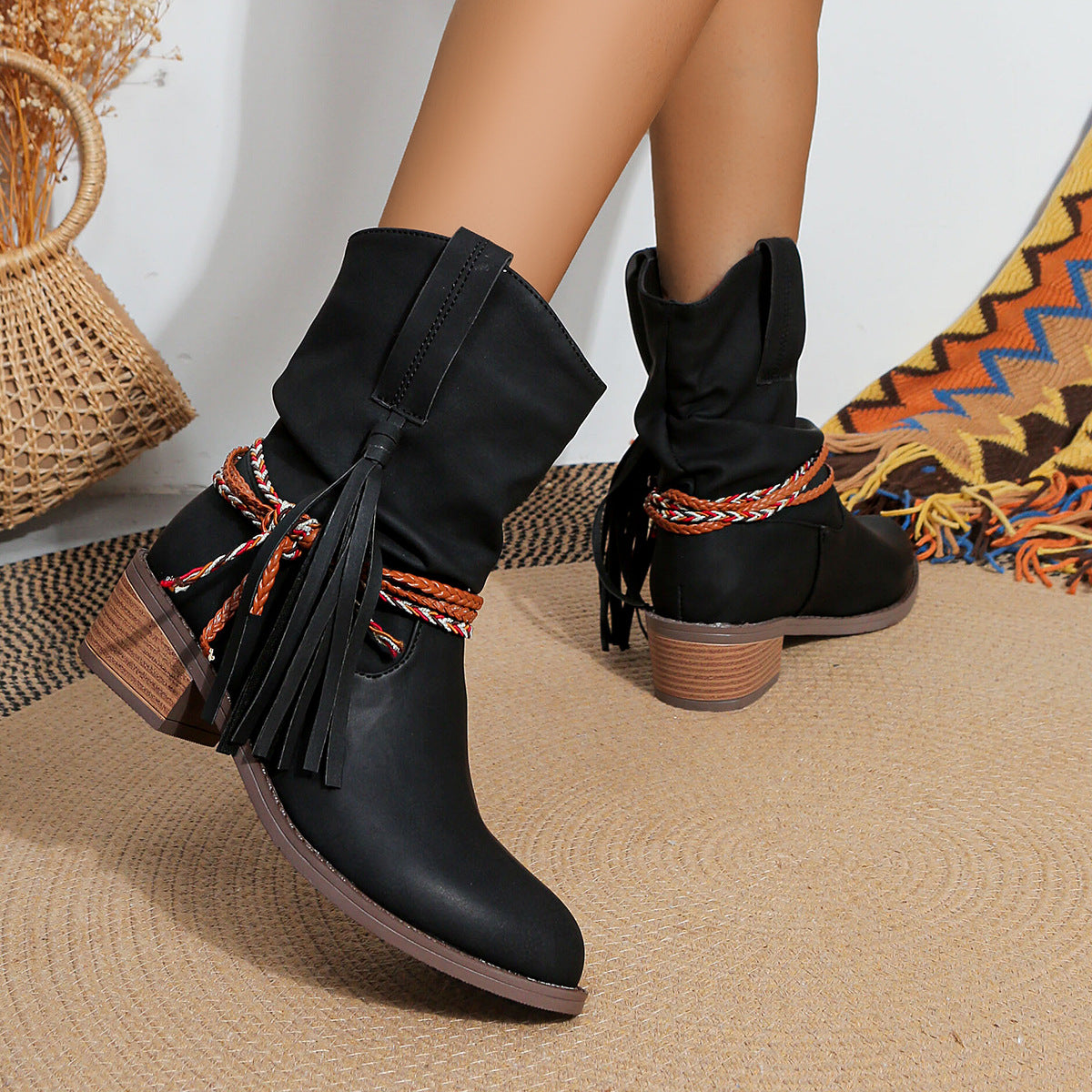 Thick mid heel pleated tassel mid calf boots