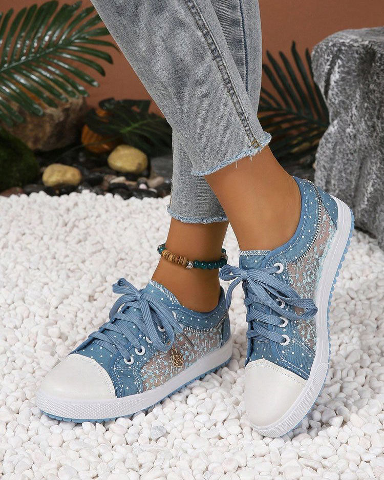 Round Toe Lace Up Low Top Mesh Flat Sneakers