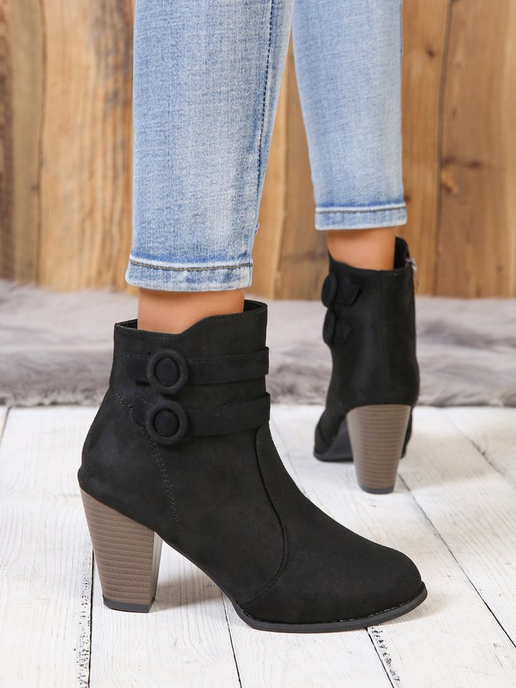 Suede block heel belt buckle side zip Martin boots