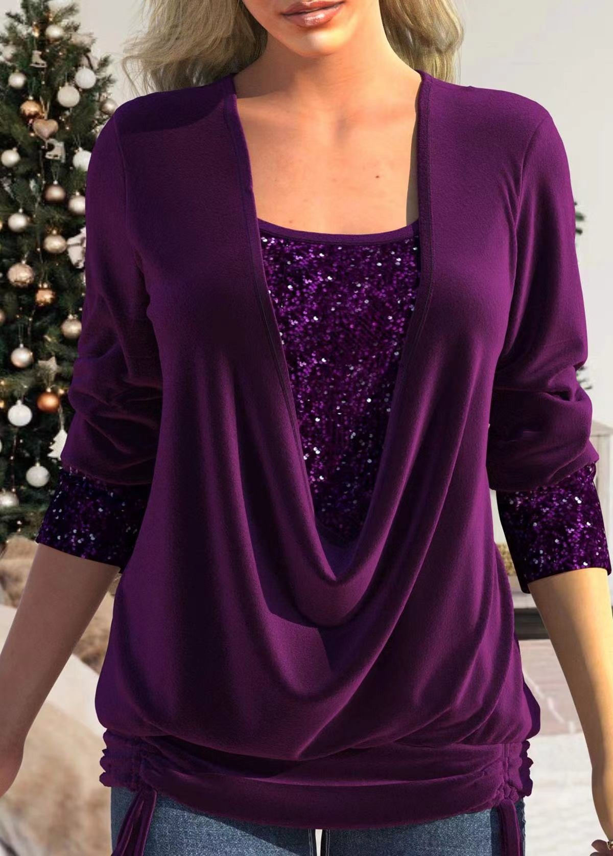 Drop collar sequin embellished smocked top