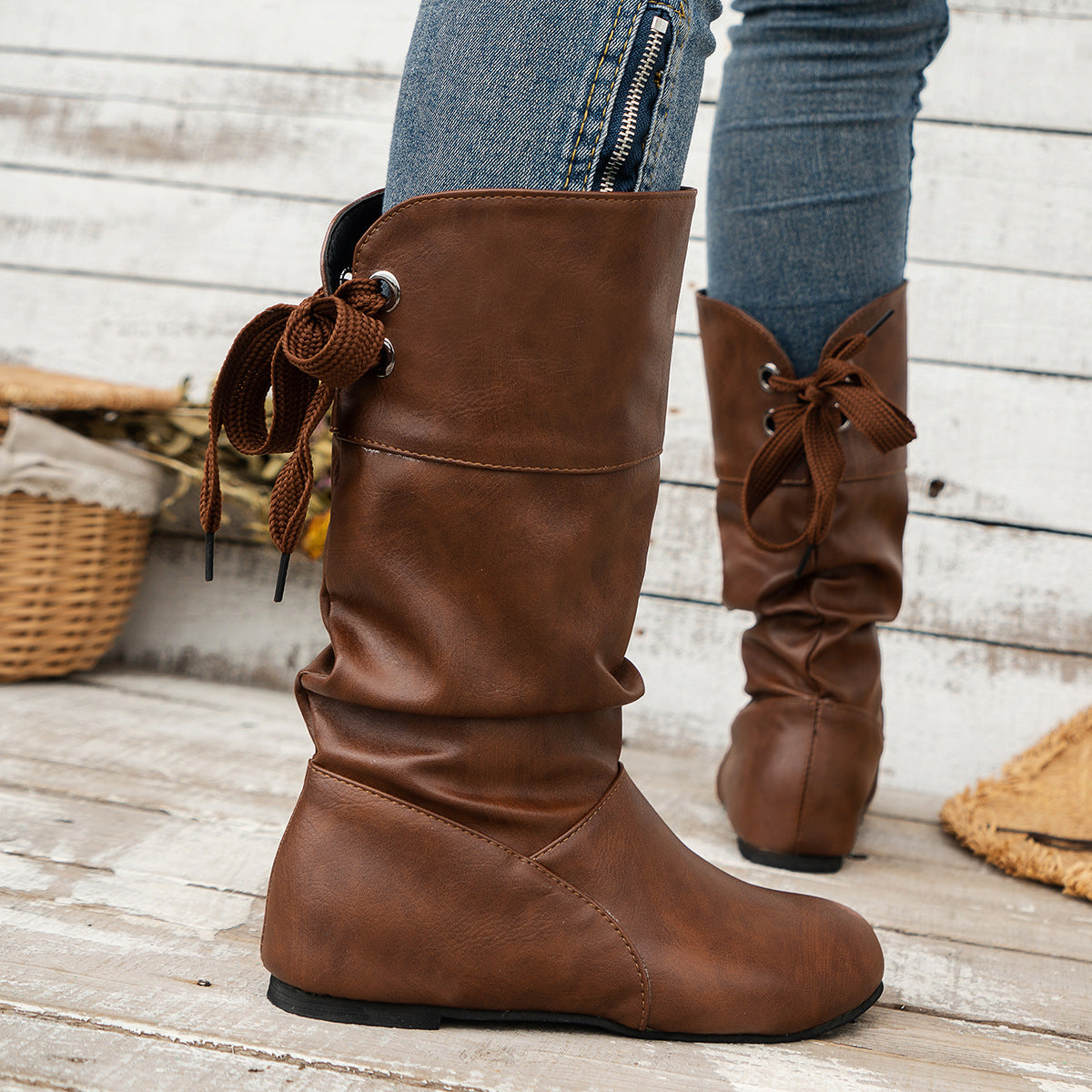 Round toe back bow mid-calf boots