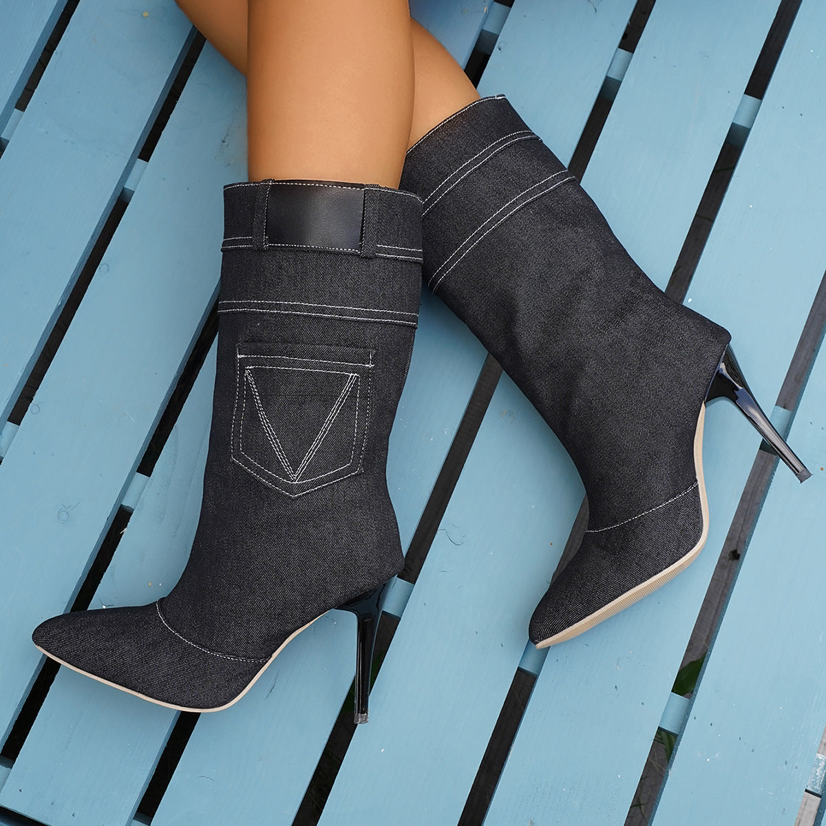 Stiletto High Heel Denim Rider Boots