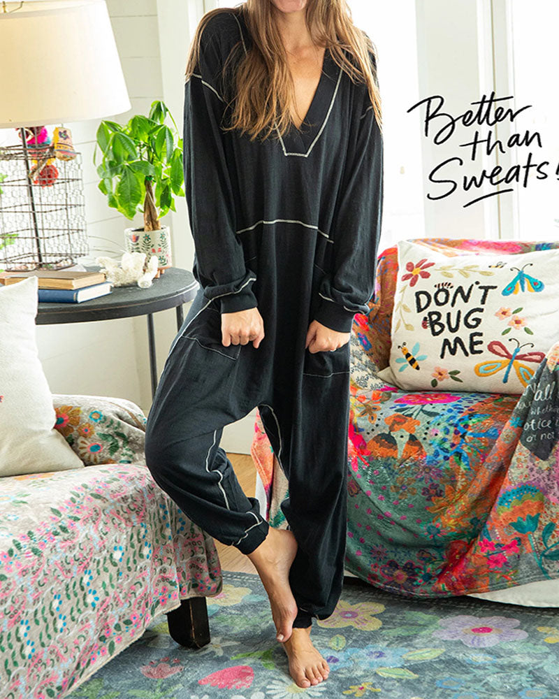 V-neck Wide Lapel Loose Drop Crotch Design Jumpsuit