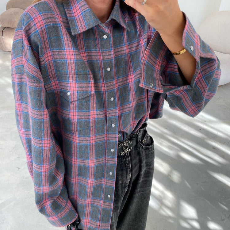 Retro versatile lapel plaid loose shirt