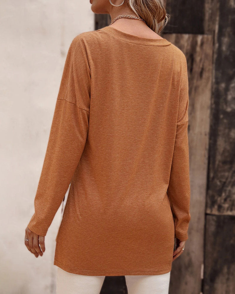 Loose hem slit knitted long-sleeved T-shirt