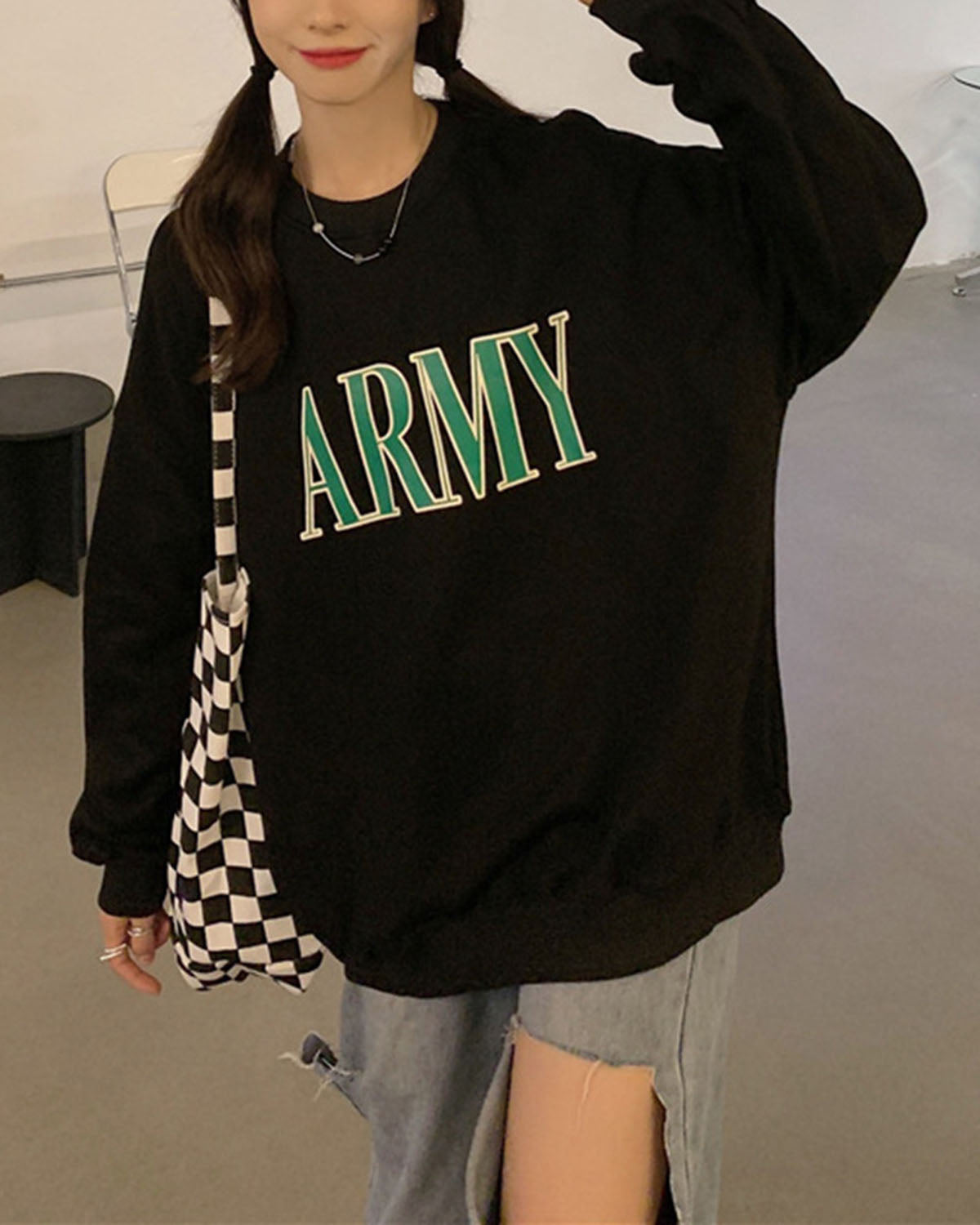 Retro ARMY printed loose long-sleeved sweatshirt