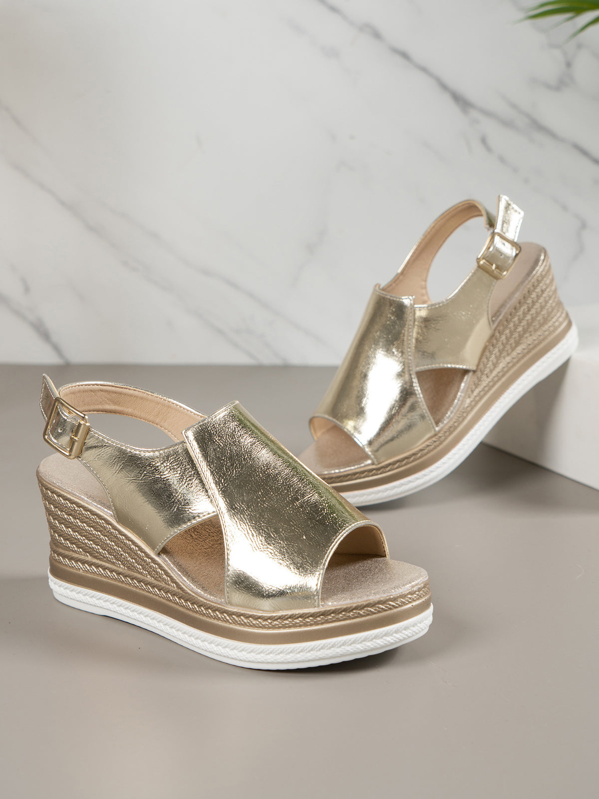 Gold and Silver One-Strap Chunky Platform Sandals