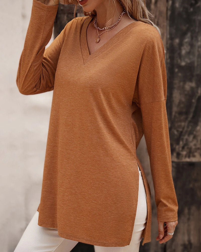 Loose hem slit knitted long-sleeved T-shirt