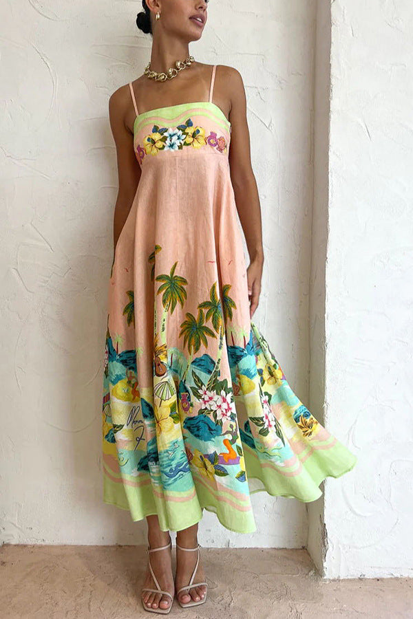 Vestido de tirantes con estampado de paisajes tropicales