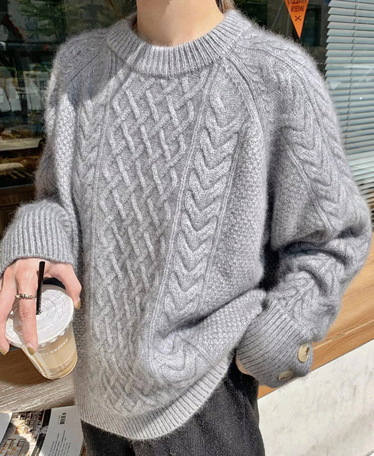 Retro Twist Thick Cuff Button Pullover Sweater
