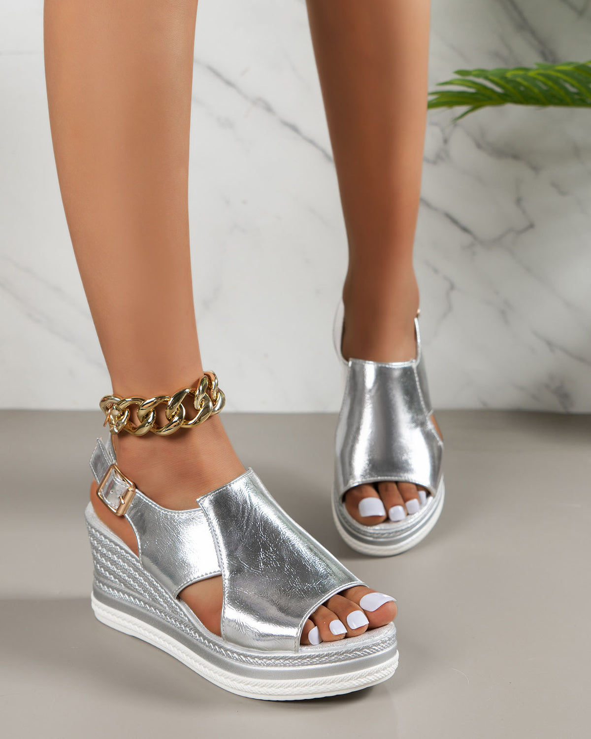 Gold and Silver One-Strap Chunky Platform Sandals