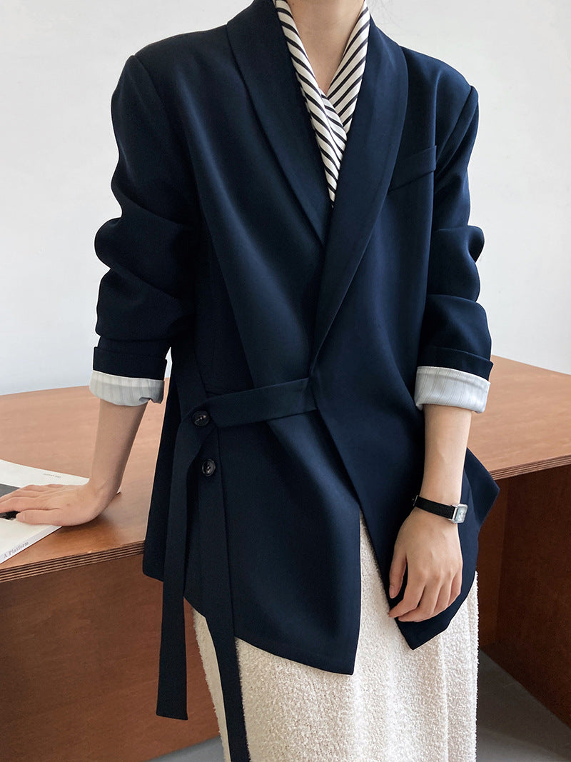 Mandarin collar loose draped side tie suit