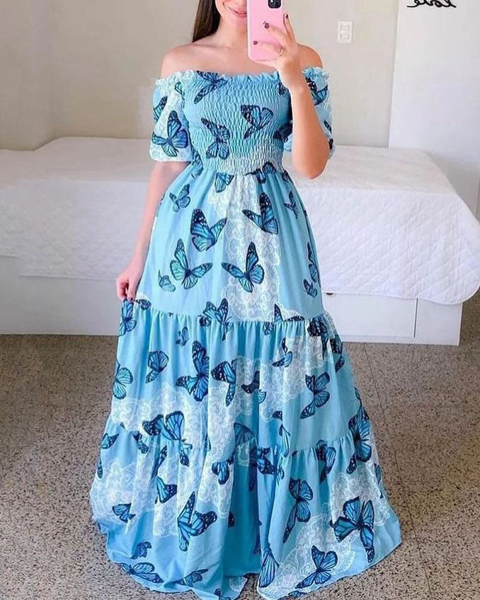 Wunderschönes schulterfreies Maxikleid mit Blumenmuster für den Sommer