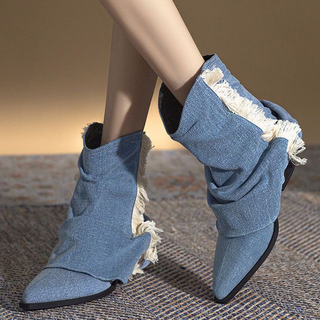 Denim pleated fringed western boots