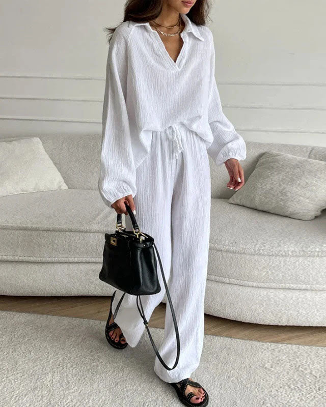 Long Sleeve Lapel Top Drawstring Pants Two-Piece Set