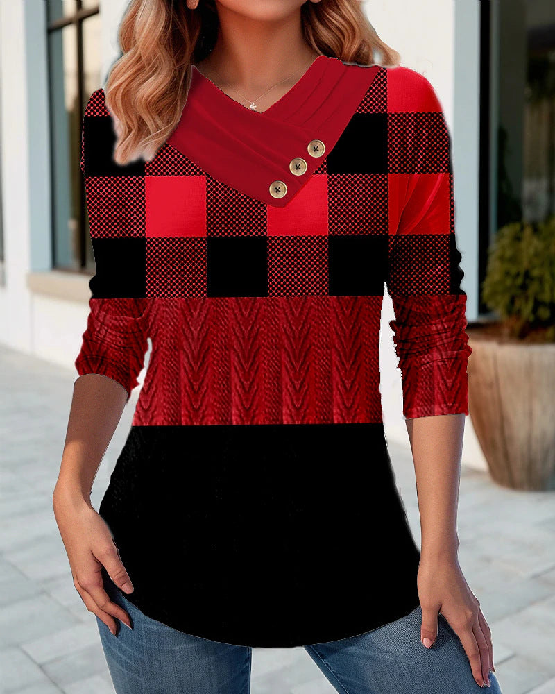 Plaid print patchwork V-neck button-down T-shirt