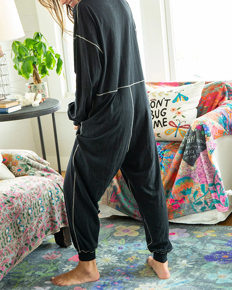 V-neck Wide Lapel Loose Drop Crotch Design Jumpsuit