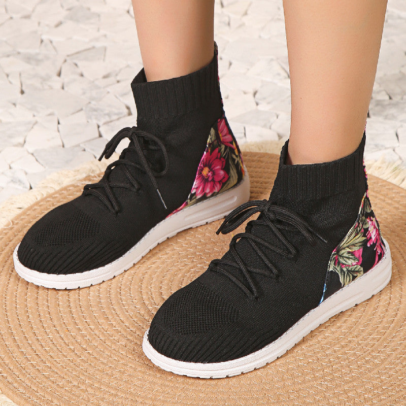 High-top round toe lace-up elastic sock boots