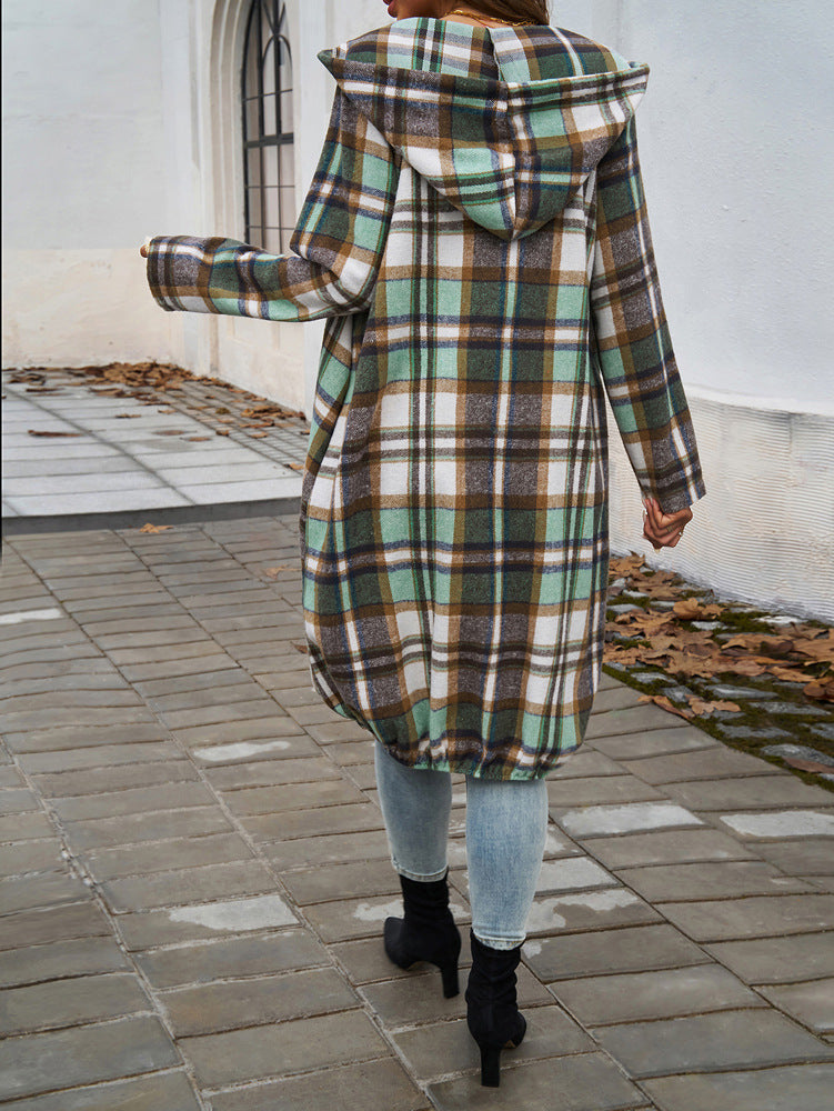 Veste longue à capuche avec fermeture éclair et carreaux contrastés